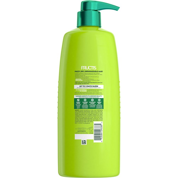 Large green bottle of Fructis Sleek & Shine conditioner, back view.